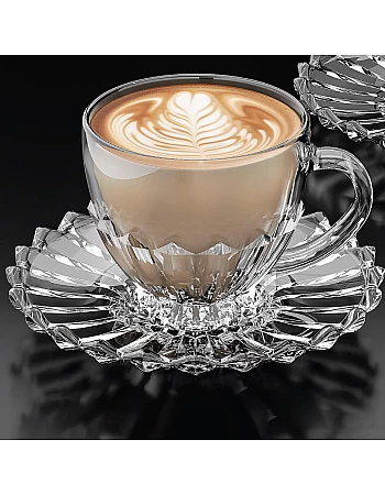 City Glass Braziliano Tea Mug Set | Decorative Base Tea Cup Set Comes with Serving Plate | Tea Cup Set of 6 Mugs + 6 Serving Plates (Tea 220ml)