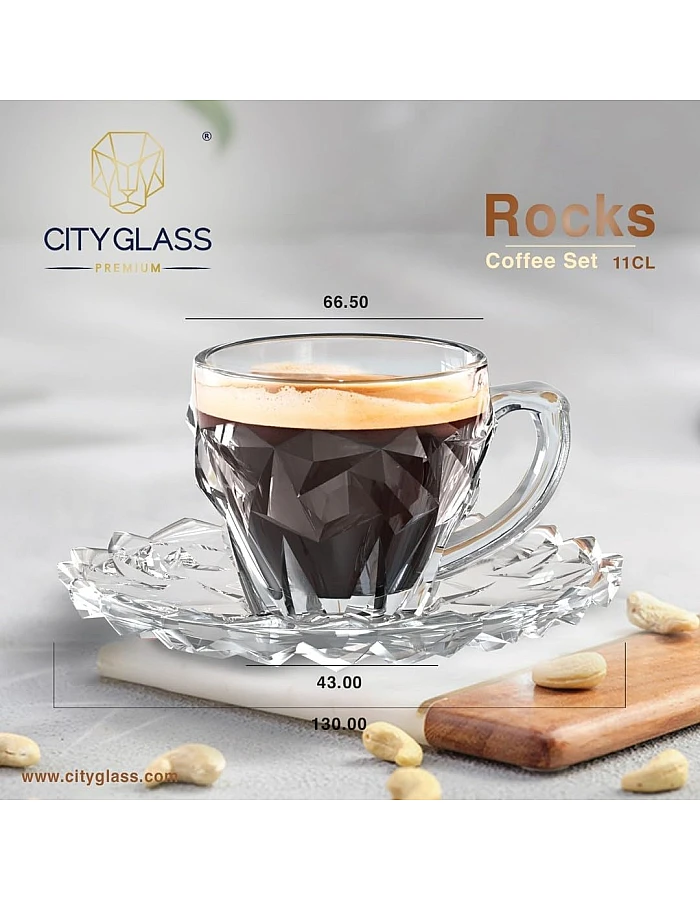 City Glass Rocks Coffee Mug Set | Coffee Mug Set of 6 Mugs + 6 Serving Plates | Decorative Wall Coffee Cup Set Comes with Decorative Serving Plate (Coffee, 110ml)