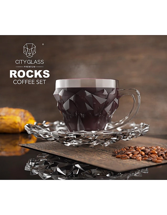 City Glass Rocks Coffee Mug Set | Coffee Mug Set of 6 Mugs + 6 Serving Plates | Decorative Wall Coffee Cup Set Comes with Decorative Serving Plate (Coffee, 110ml)