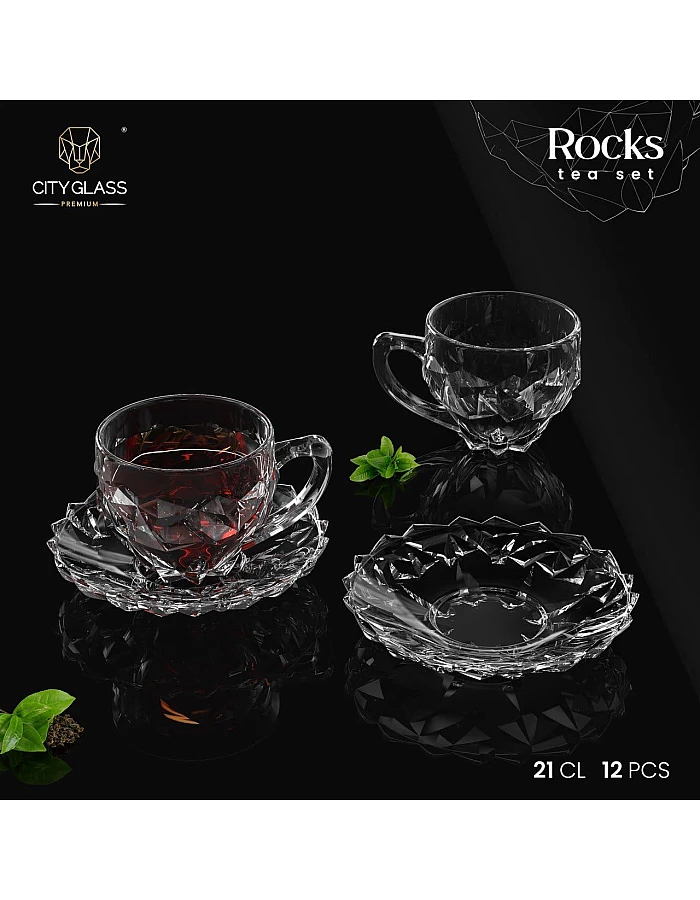 City Glass Rocks Coffee Mug Set | Coffee Mug Set of 6 Mugs + 6 Serving Plates | Decorative Wall Coffee Cup Set Comes with Decorative Serving Plate (Coffee, 110ml)