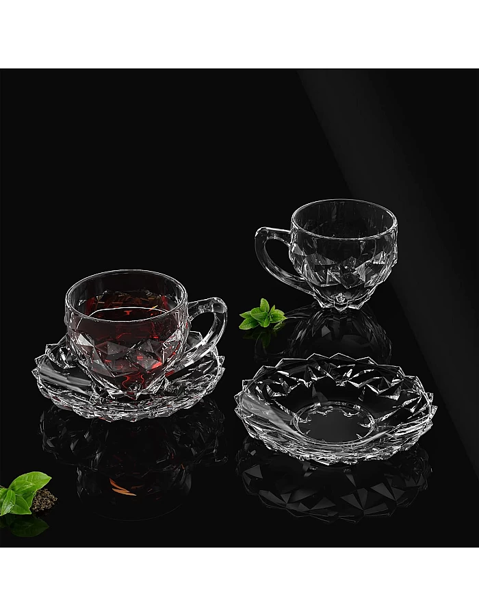 City Glass Rocks Tea Set Of 12 Pieces (6 Mugs - 6 Underlines) 21 CL - Clear