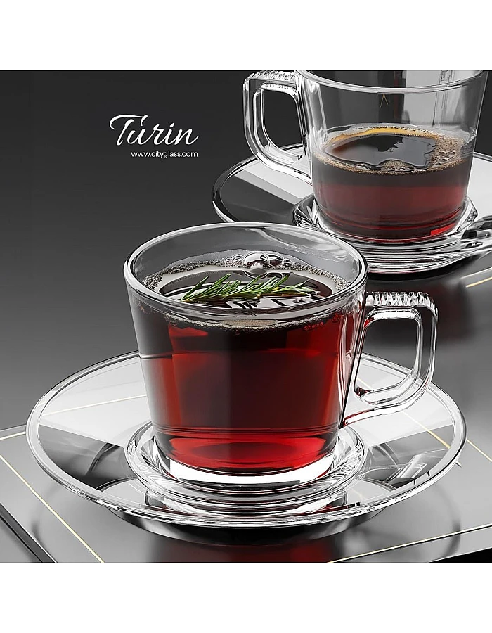 City Glass Turin Coffee Mug Set of 6 Mugs + 6 Serving Plates for Coffee or Espresso Clear Small 90 ml