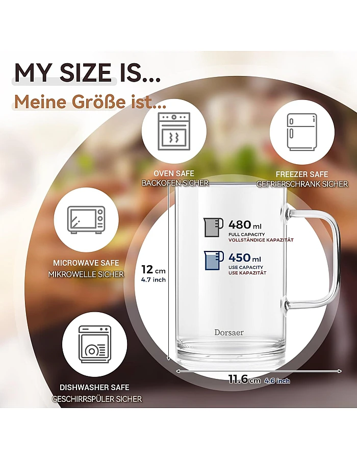 Dorsaer Glass Mugs Set of 2, 16oz Thick Flat Bottom Glass Coffee Mugs, Large Clear Glass Cup with Handle for Beverages, Tea, Cappuccino, Latte, Espresso Coffee, Juice