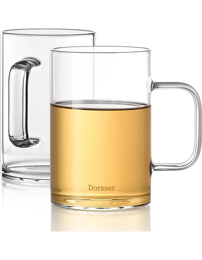 Dorsaer Glass Mugs Set of 2, 16oz Thick Flat Bottom Glass Coffee Mugs, Large Clear Glass Cup with Handle for Beverages, Tea, Cappuccino, Latte, Espresso Coffee, Juice