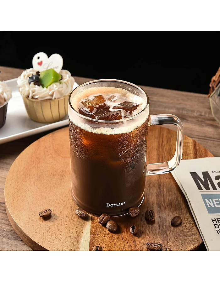 Dorsaer Glass Mugs Set of 2, 16oz Thick Flat Bottom Glass Coffee Mugs, Large Clear Glass Cup with Handle for Beverages, Tea, Cappuccino, Latte, Espresso Coffee, Juice