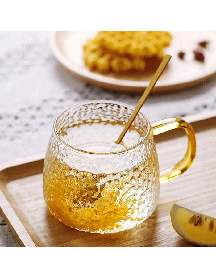 FINSTER Glass Coffee Mugs Cup Set of 6-440 ML, Transparent, Premium Golden Handle Big Borosilicate Tea Cups Perfect for Lemon, Green, Herbal, Chai Tea & Americano, Espresso, Cappuccinos Coffee Cups