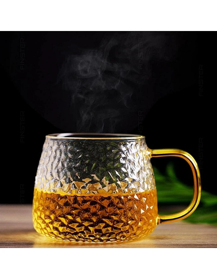 FINSTER Glass Coffee Mugs Cup Set of 6-440 ML, Transparent, Premium Golden Handle Big Borosilicate Tea Cups Perfect for Lemon, Green, Herbal, Chai Tea & Americano, Espresso, Cappuccinos Coffee Cups