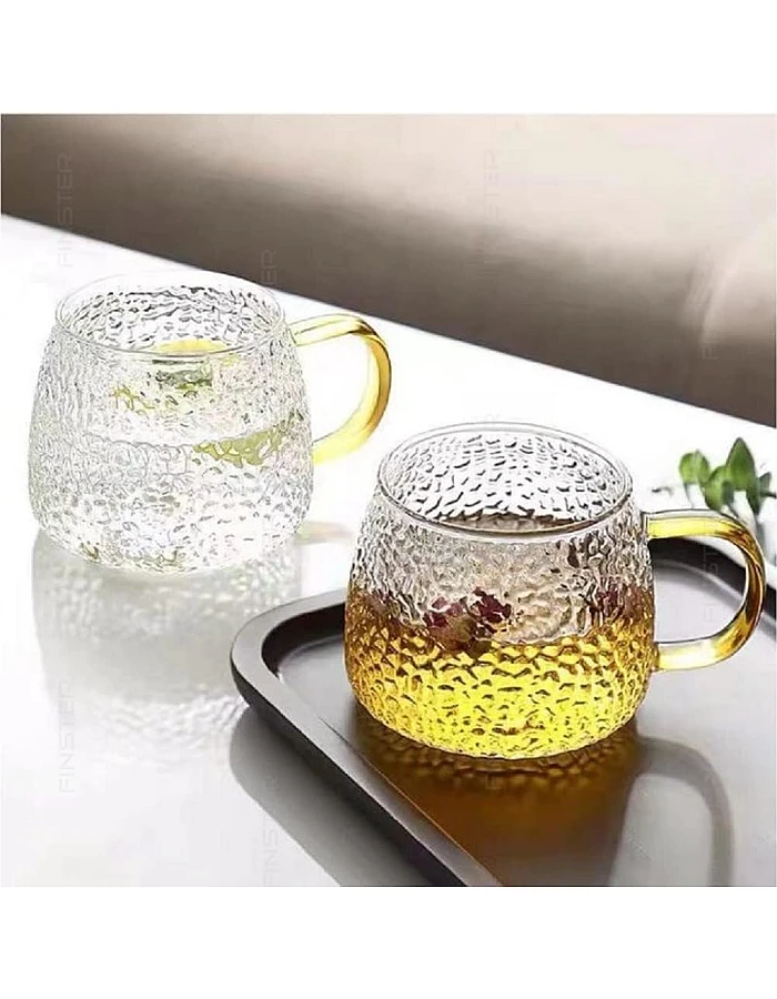 FINSTER Glass Coffee Mugs Cup Set of 6-440 ML, Transparent, Premium Golden Handle Big Borosilicate Tea Cups Perfect for Lemon, Green, Herbal, Chai Tea & Americano, Espresso, Cappuccinos Coffee Cups