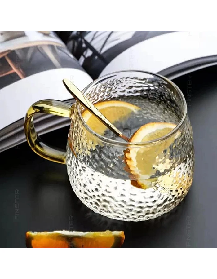 FINSTER Glass Coffee Mugs Cup Set of 6-440 ML, Transparent, Premium Golden Handle Big Borosilicate Tea Cups Perfect for Lemon, Green, Herbal, Chai Tea & Americano, Espresso, Cappuccinos Coffee Cups