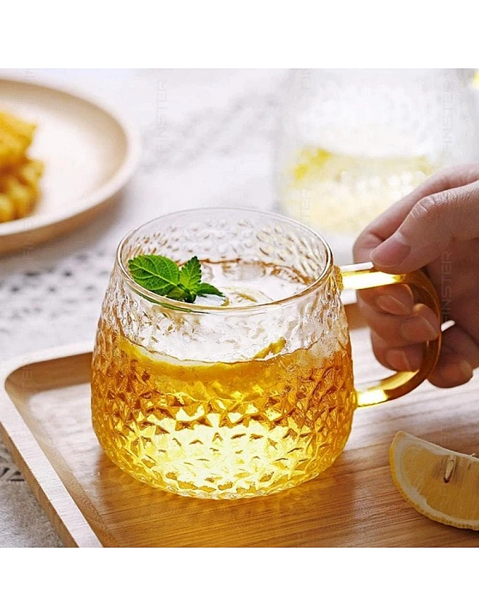 FINSTER Glass Coffee Mugs Cup Set of 6-440 ML, Transparent, Premium Golden Handle Big Borosilicate Tea Cups Perfect for Lemon, Green, Herbal, Chai Tea & Americano, Espresso, Cappuccinos Coffee Cups