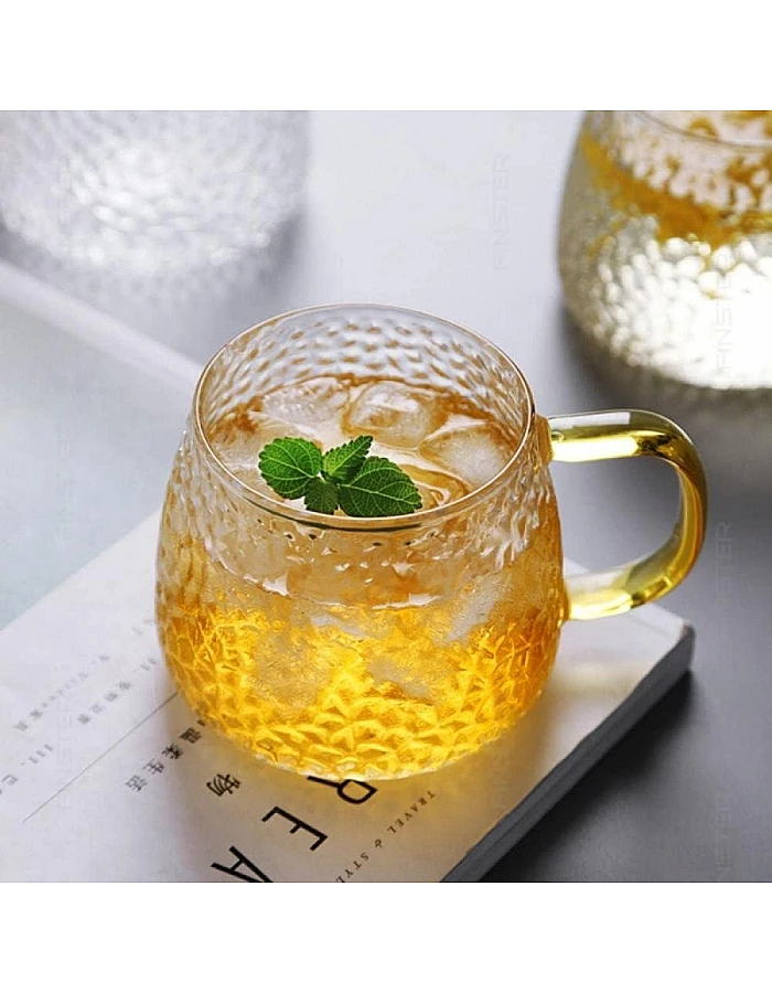 FINSTER Glass Coffee Mugs Cup Set of 6-440 ML, Transparent, Premium Golden Handle Big Borosilicate Tea Cups Perfect for Lemon, Green, Herbal, Chai Tea & Americano, Espresso, Cappuccinos Coffee Cups