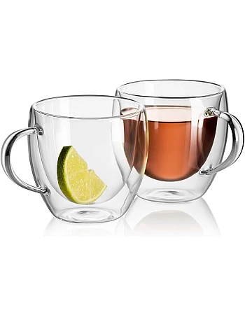 JECOBI Tea Cups - Double Walled Insulated Glass Set of 2, 8 oz, Glass Coffee Cup,Dishwasher. Microwave, freezer with NO RISK.