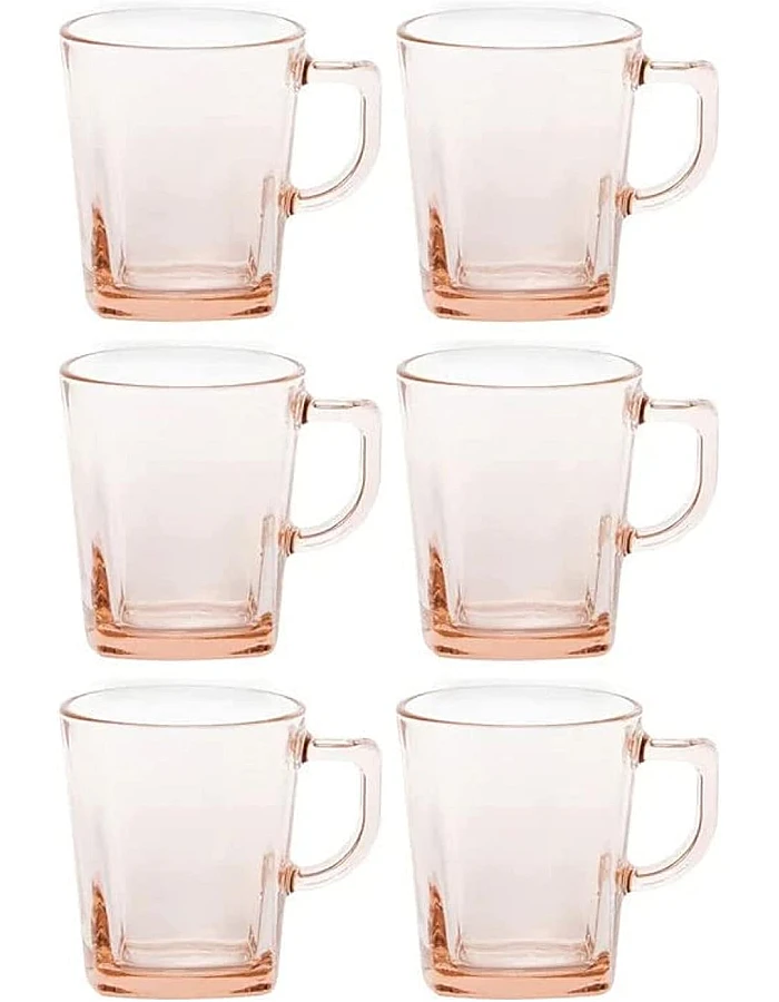 Pasabahce Tea Mug Set Carre -6 Cups- 270 ml -Pink Color-Turkey Origin
