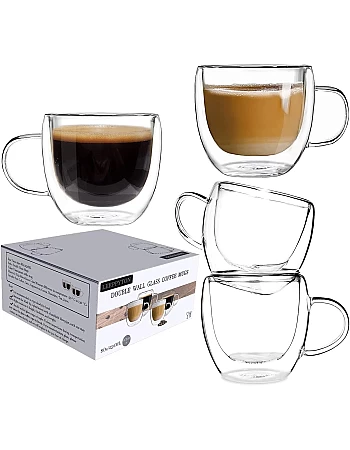 Set of 4 Double Walled Design Glass Tea Coffee Cup with Handles, Lightweight Insulated Double Walled Glasses Heat Resistant Cappuccino Latte Tea Drinking Thermo Mugs (250ml)