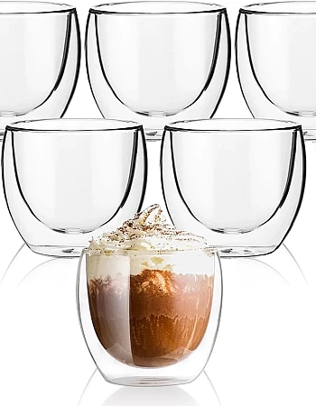 VLIEOVHN 6 Pack Glass Coffee Mugs 250ML, Double Walled Insulated Thermal Mugs for Latte Cappuccino Cocoa Milk Cafe Juice Tea, Clear Espresso Cups Set Glassware (250ML x 6)
