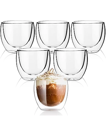 VLIEOVHN 6 Pack Glass Coffee Mugs 250ML, Double Walled Insulated Thermal Mugs for Latte Cappuccino Cocoa Milk Cafe Juice Tea, Clear Espresso Cups Set Glassware (250ML x 6)