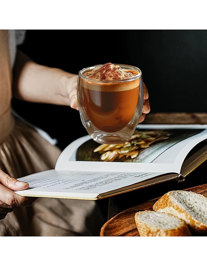 VLIEOVHN 6 Pack Glass Coffee Mugs 250ML, Double Walled Insulated Thermal Mugs for Latte Cappuccino Cocoa Milk Cafe Juice Tea, Clear Espresso Cups Set Glassware (250ML x 6)