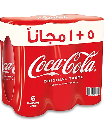 Coca Cola Carbonated Drink Can 250ml, Pack of 5+1