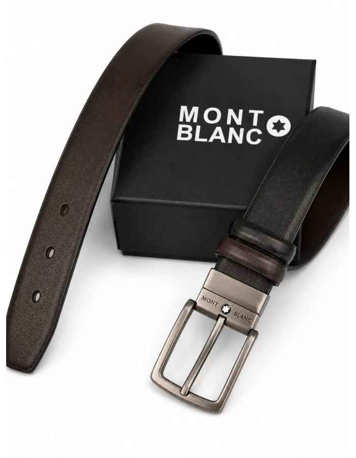 Mont Blanc  Men's Reversible Leather Belt, 2‑in‑1 Design for Dress Or Casual Wear