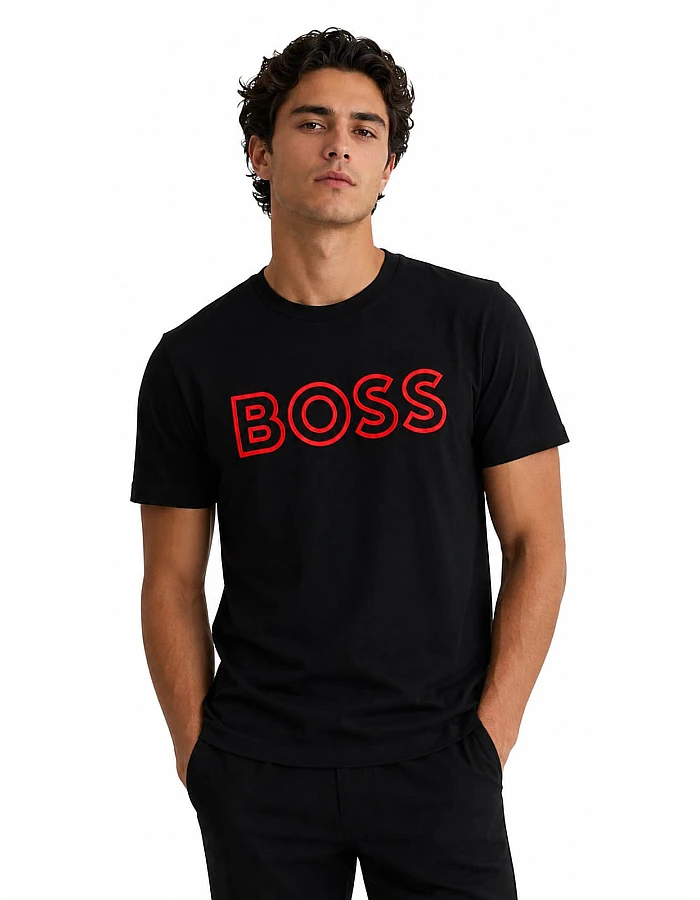 BOSS Round-Neck T-Shirt, Red Logo – Black