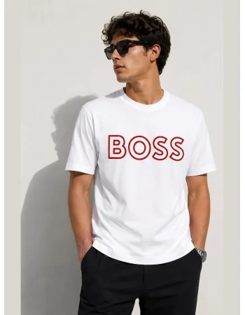 BOSS Round-Neck T-Shirt, Red Logo – White
