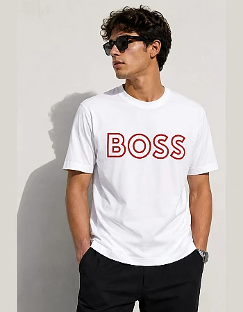 BOSS Round-Neck T-Shirt, Red Logo – White