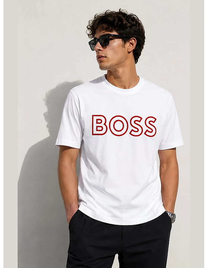 BOSS Round-Neck T-Shirt, Red Logo – White