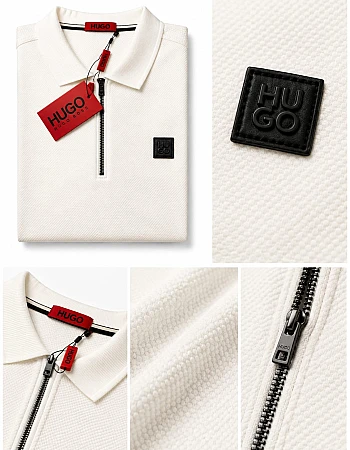 HUGO BOSS Textured Half-Zip Polo – Off-White