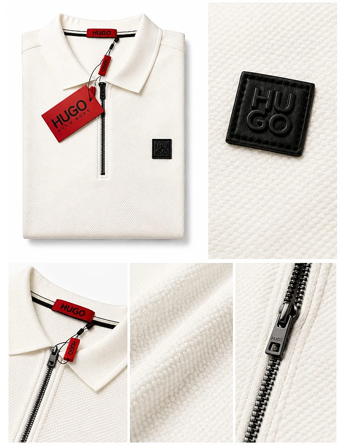HUGO BOSS Textured Half-Zip Polo – Off-White