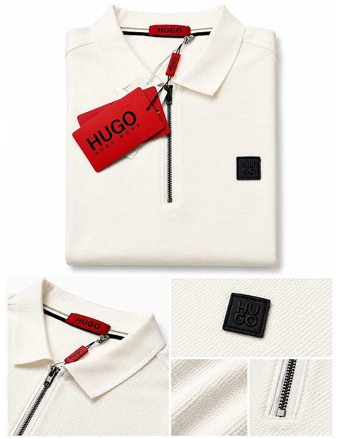 HUGO BOSS Textured Half-Zip Polo – Off-White