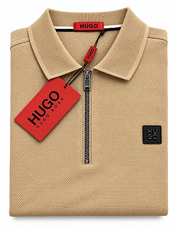 HUGO BOSS Textured Half-Zip Polo – Beige