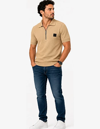 HUGO BOSS Textured Half-Zip Polo – Beige
