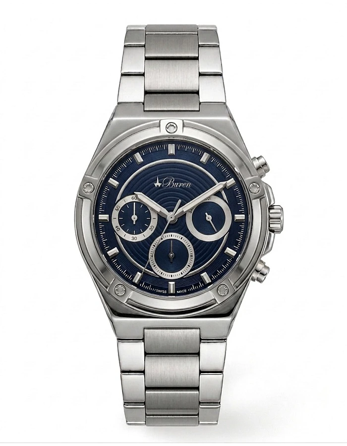 Buren Blue Guilloche Dial Steel Chronograph Watch 70026M