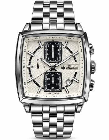 Buren White Dial Square Steel Chronograph Watch 7018M