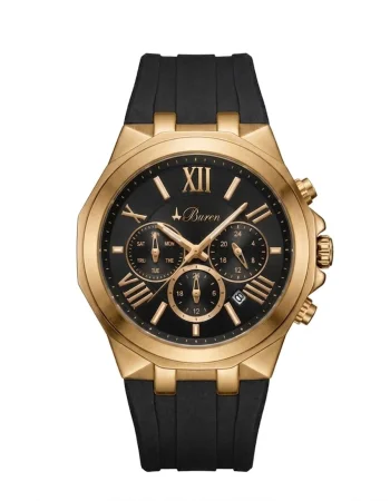 Buren Gold Black Dial Rubber Strap Chronograph Watch 8013M