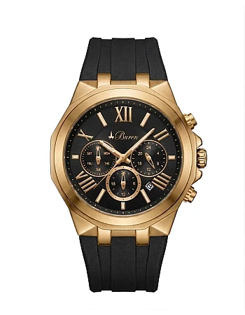 Buren Gold Black Dial Rubber Strap Chronograph Watch 8013M