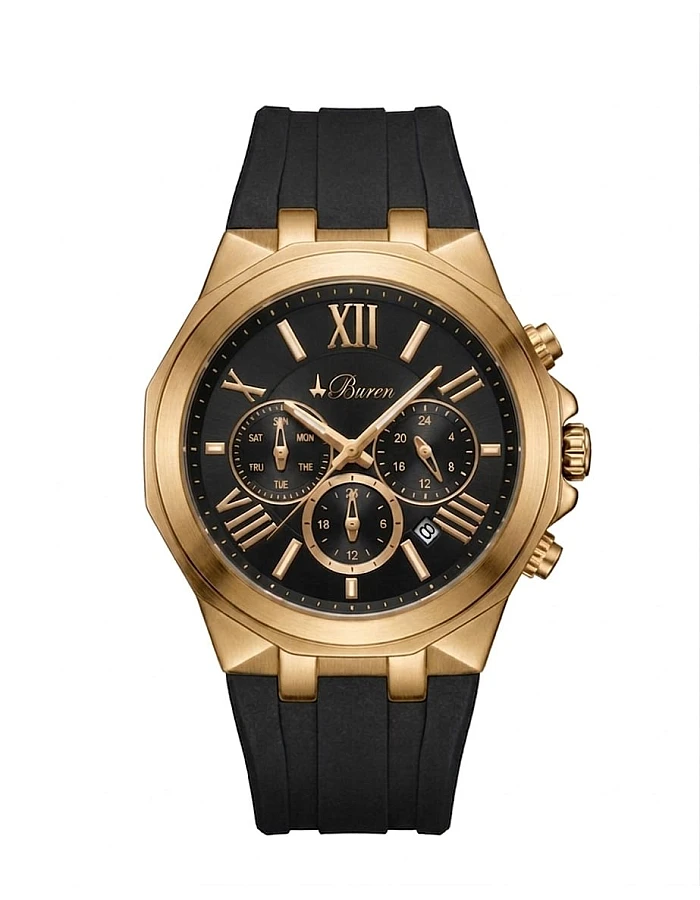 Buren Gold Black Dial Rubber Strap Chronograph Watch 8013M